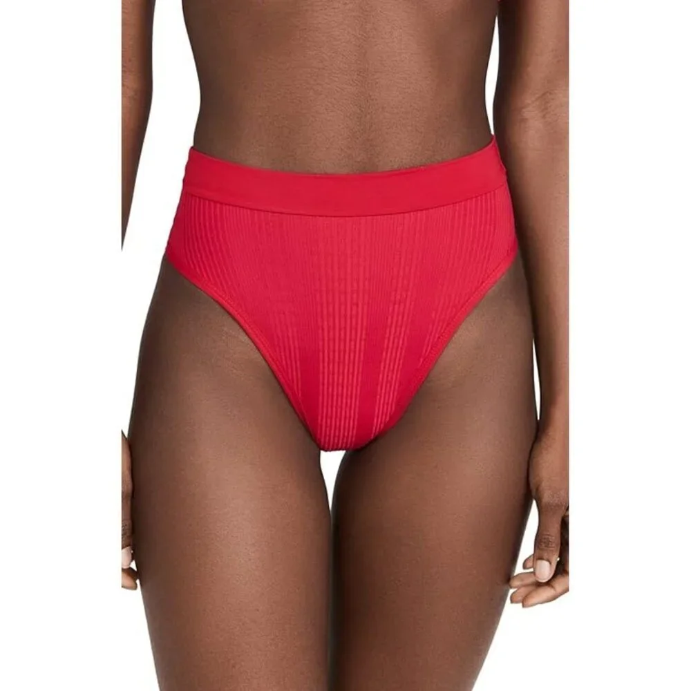 NEW l*space Frenchi Ribbed High Waisted Bikini Bottom in Lipstick Red Sz. S